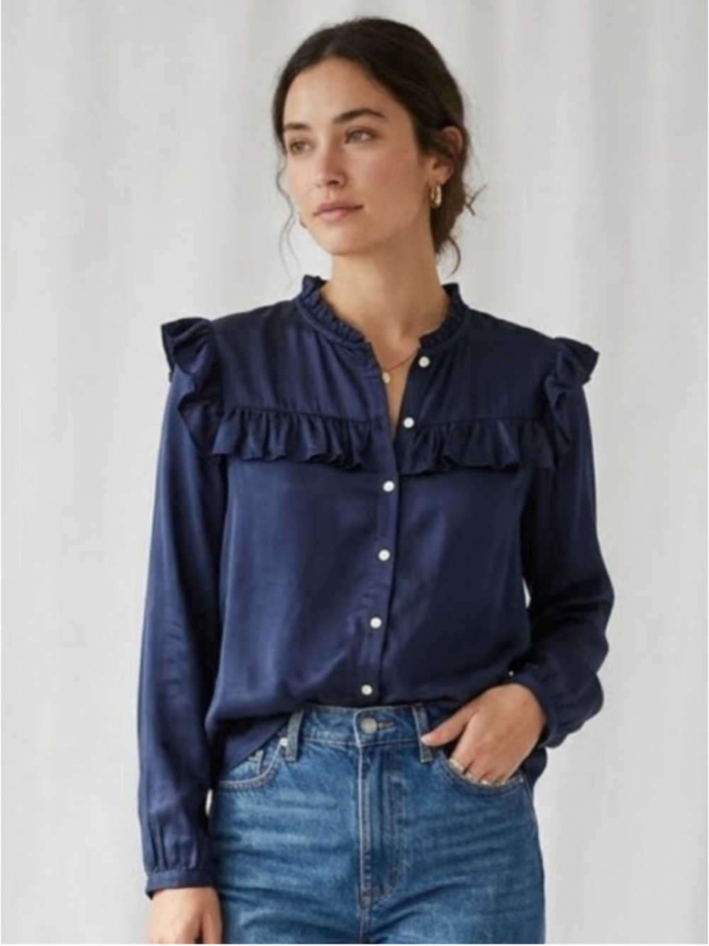 GAP Navy Blue Ruffle Yoke Womans Button Down Blouse Top Romantic Coquette M 2120